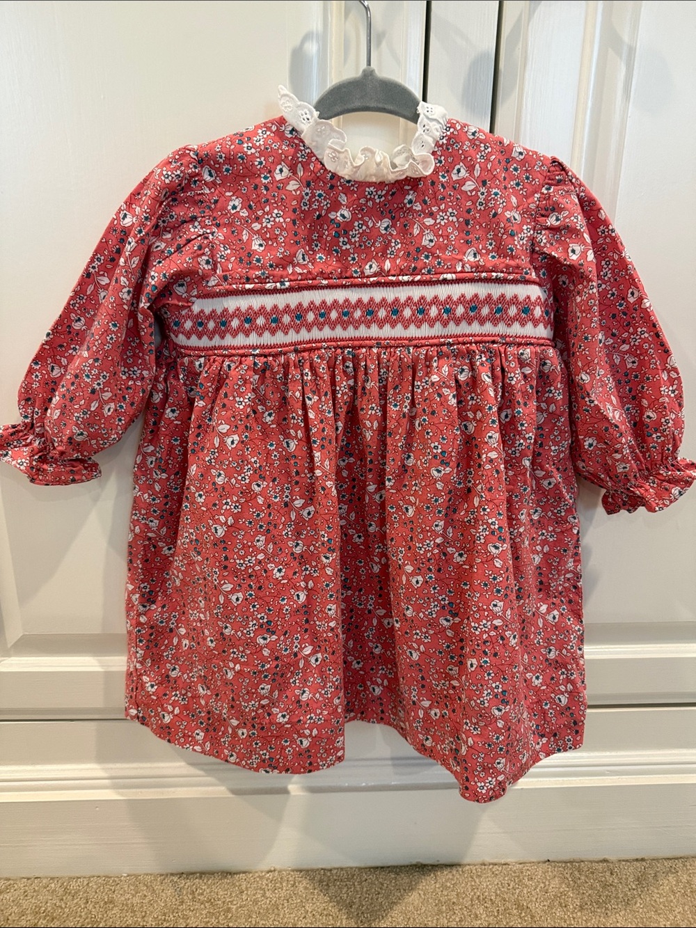 Remember Nguyen Smocked Soft Red and Navy Floral Girls Dress with Lace Collar
